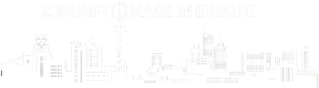 Skyline von Essen mit dem Satz Zukunft made in Europe