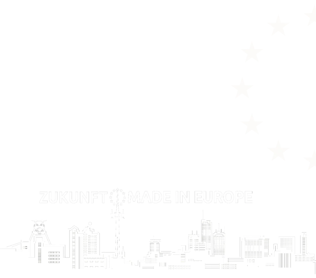 Skyline von Essen unter einem Kreis aus Sternen der EU, mit dem Satz Zukunft made in Europe